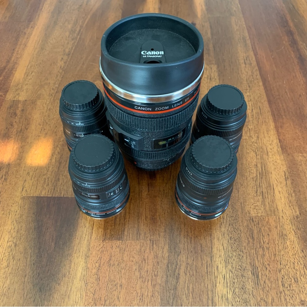Canon Zoom Lense Drink Holder & Four Canon Lense Shot Glasses
